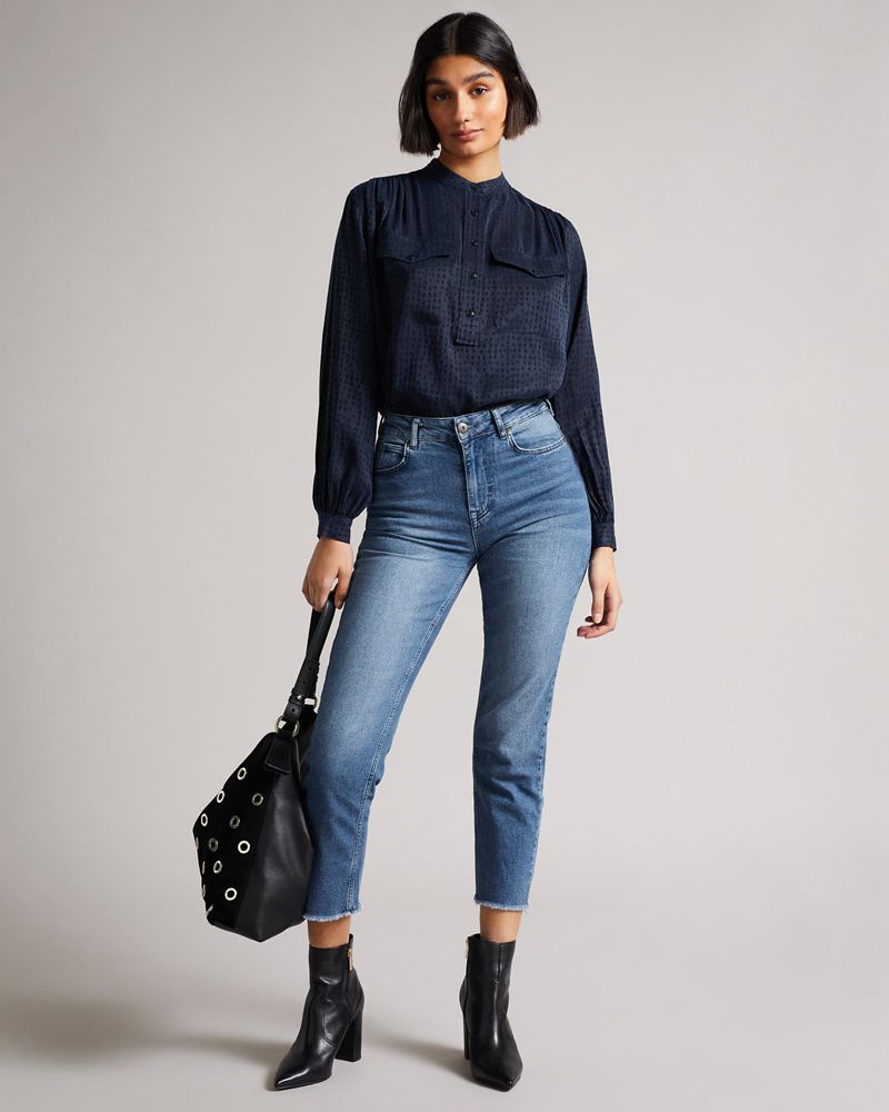 Ted Baker Agnez Grandad Collar Cupro Blouse Blast Dam Blå | FAQ-534862