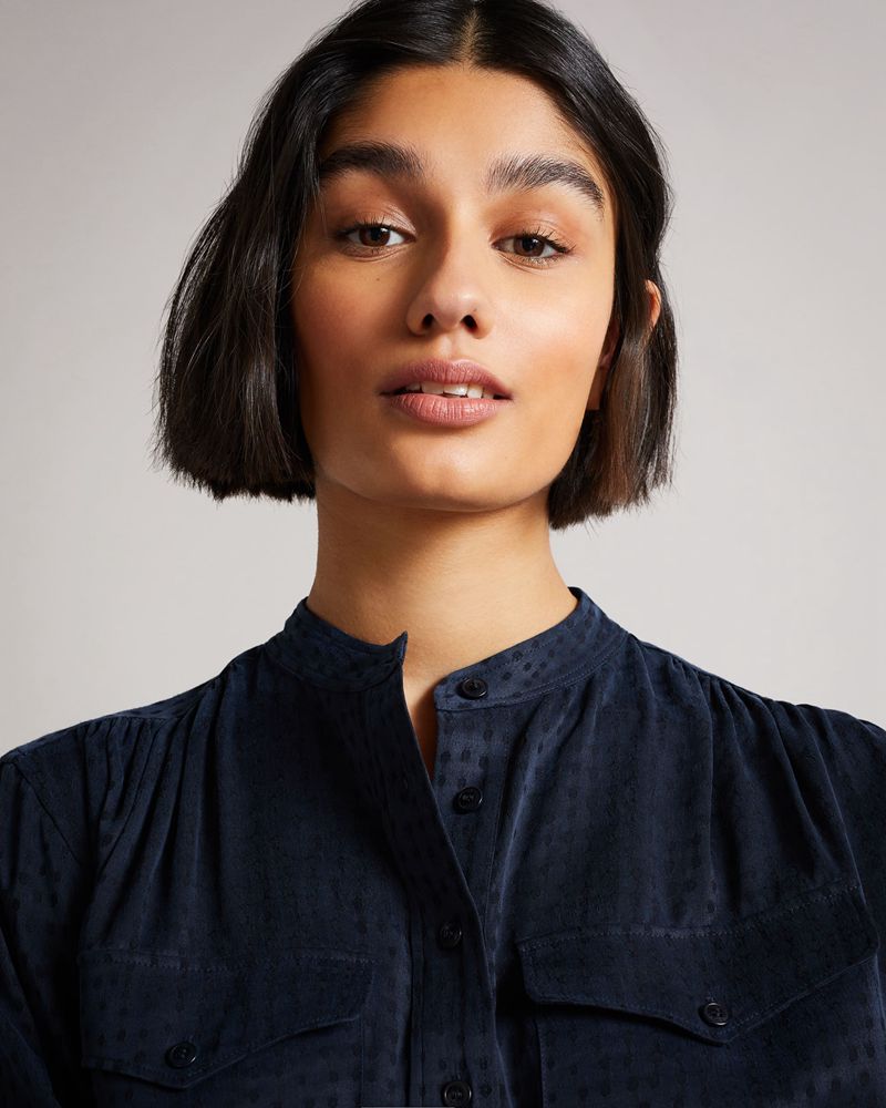 Ted Baker Agnez Grandad Collar Cupro Blouse Blast Dam Blå | FAQ-534862