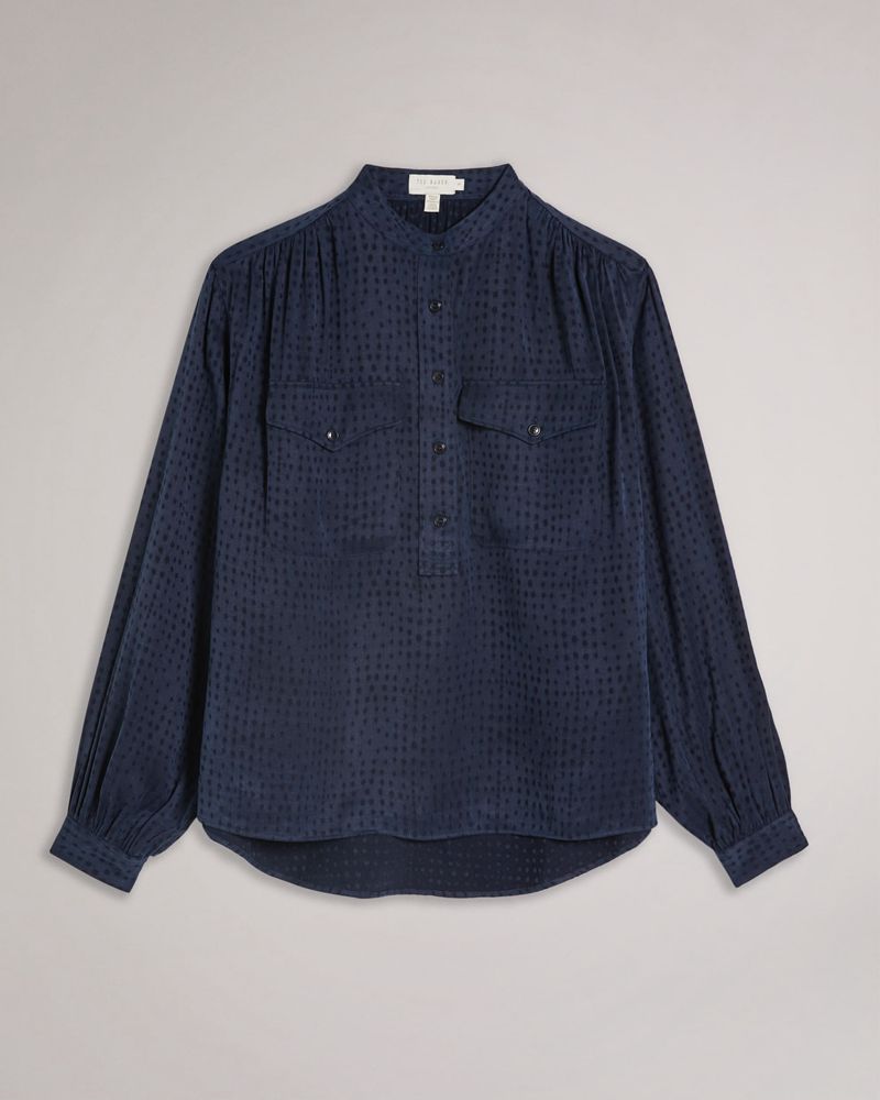 Ted Baker Agnez Grandad Collar Cupro Blouse Blast Dam Blå | FAQ-534862