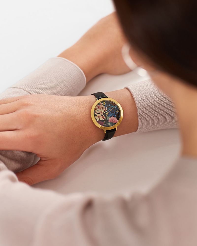 Ted Baker Ammyb Floral Dial Läder Rem Klocka Dam Svarta | JDR-571983