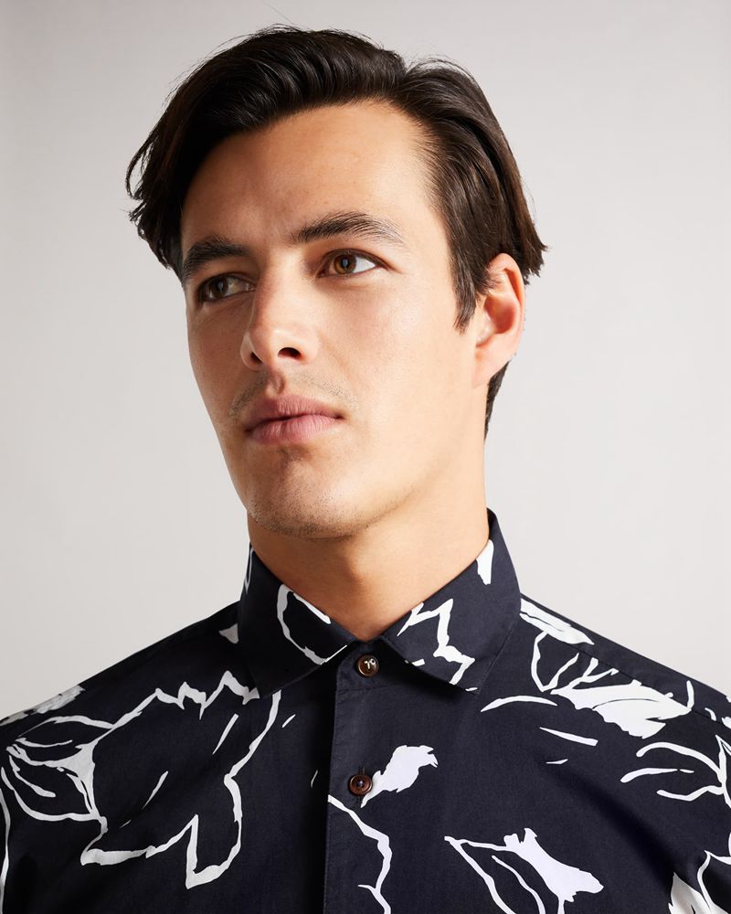 Ted Baker Ashby Ss Floral Outline Printed Skjorta Herr Marinblå | NEZ-189406