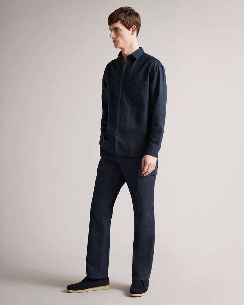 Ted Baker Belvue Long Sleeve Heavy Linen Blend Skjorta Herr Marinblå | DAU-761250