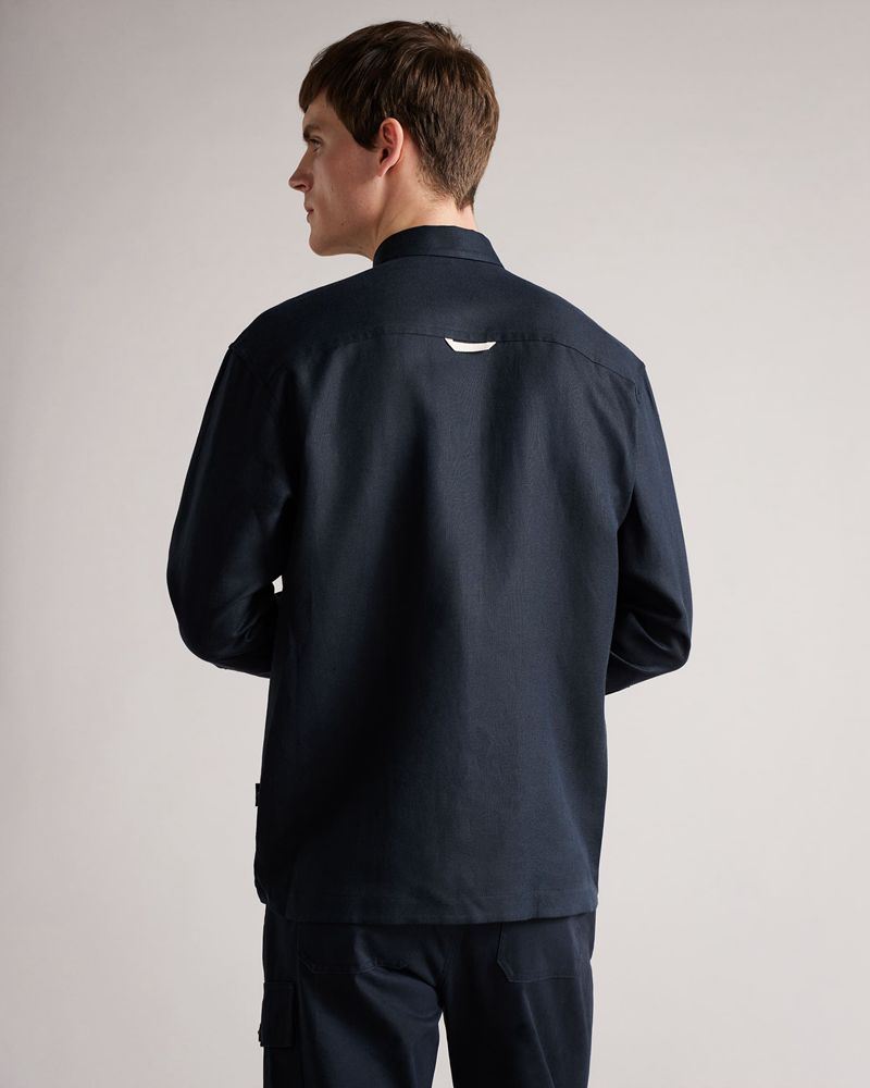 Ted Baker Belvue Long Sleeve Heavy Linen Blend Skjorta Herr Marinblå | DAU-761250