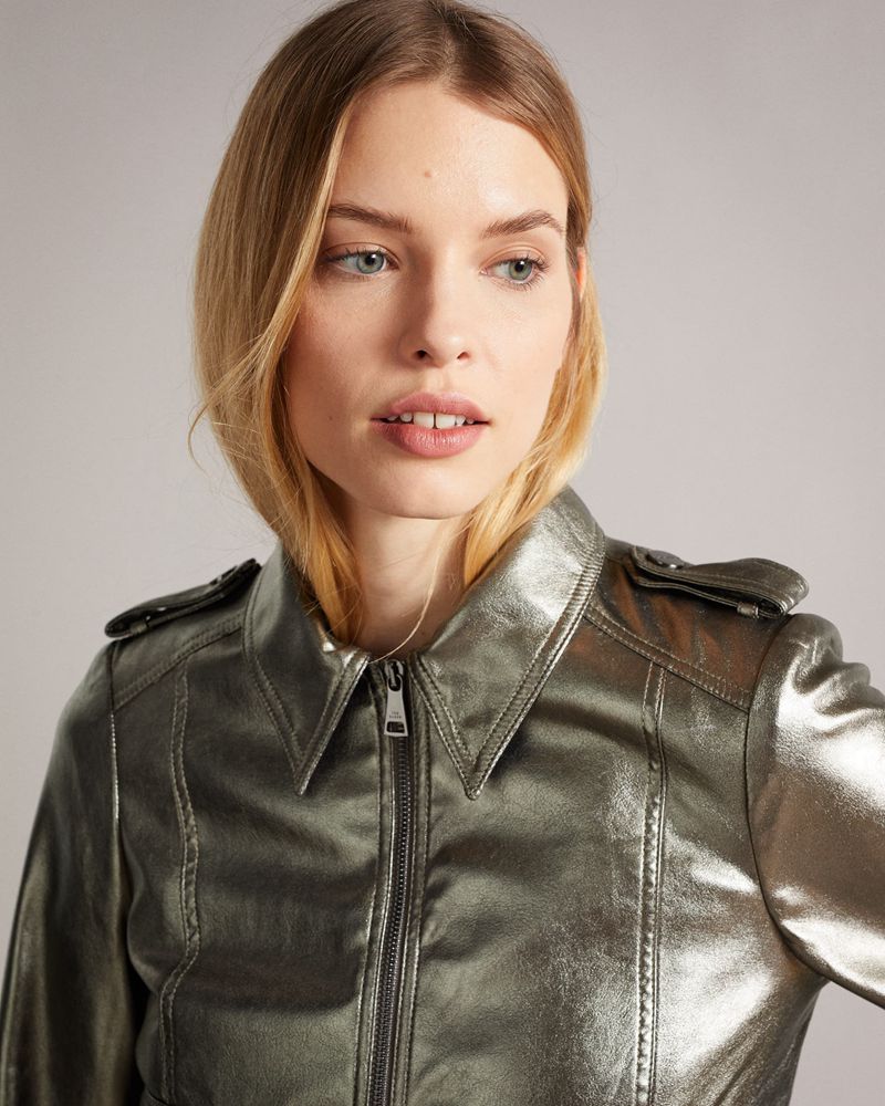 Ted Baker Briyela Metallic Faux Läder Bomber Jacka Dam Silver | MTH-548207