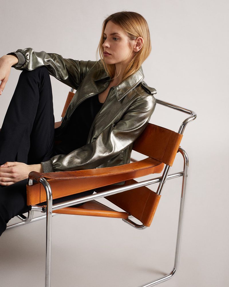 Ted Baker Briyela Metallic Faux Läder Bomber Jacka Dam Silver | MTH-548207