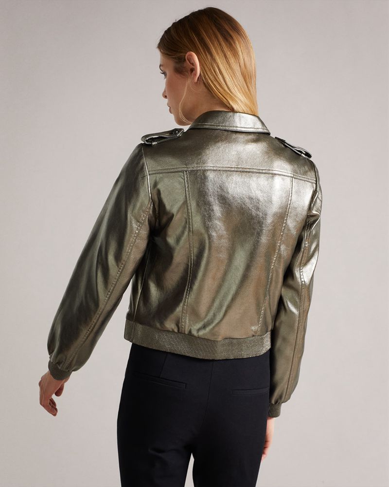 Ted Baker Briyela Metallic Faux Läder Bomber Jacka Dam Silver | MTH-548207