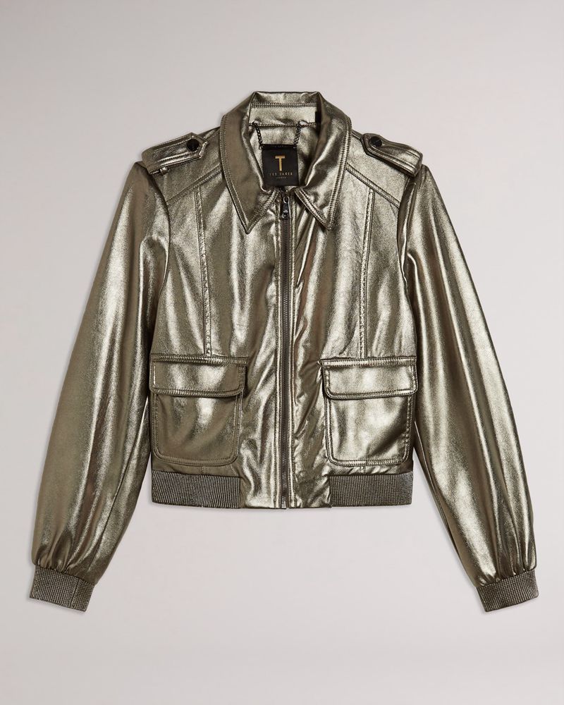 Ted Baker Briyela Metallic Faux Läder Bomber Jacka Dam Silver | MTH-548207