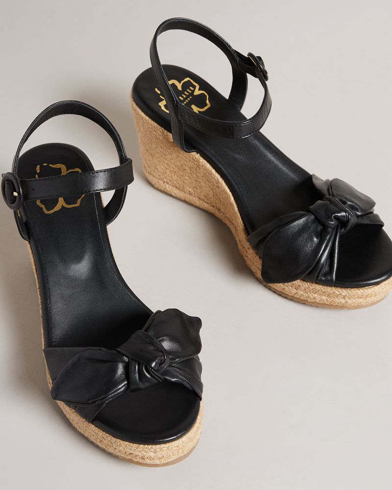 Ted Baker Bryanah Läder Bow Kilklack Sandaler Dam Svarta | NZH-145820