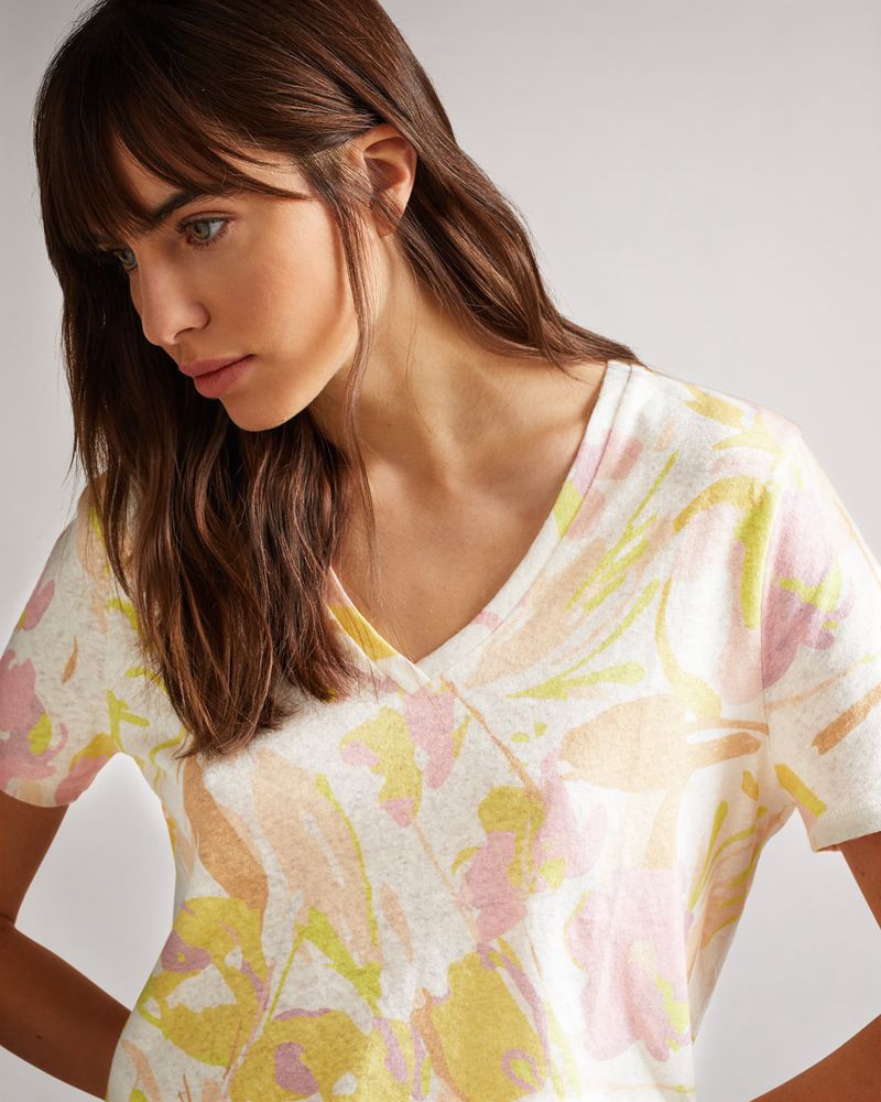 Ted Baker Ciana V Neck Printed Linen Blast Dam Vita | DLG-469180