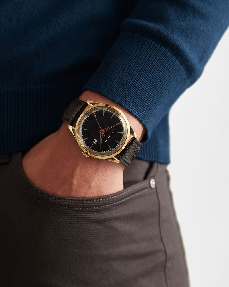 Ted Baker Daqir Gold Framed Dial Läder Klocka Herr Svarta | XJV-153426