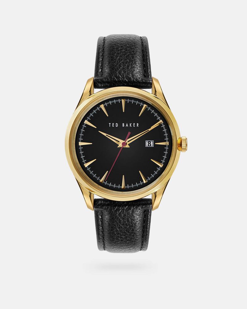 Ted Baker Daqir Gold Framed Dial Läder Klocka Herr Svarta | XJV-153426