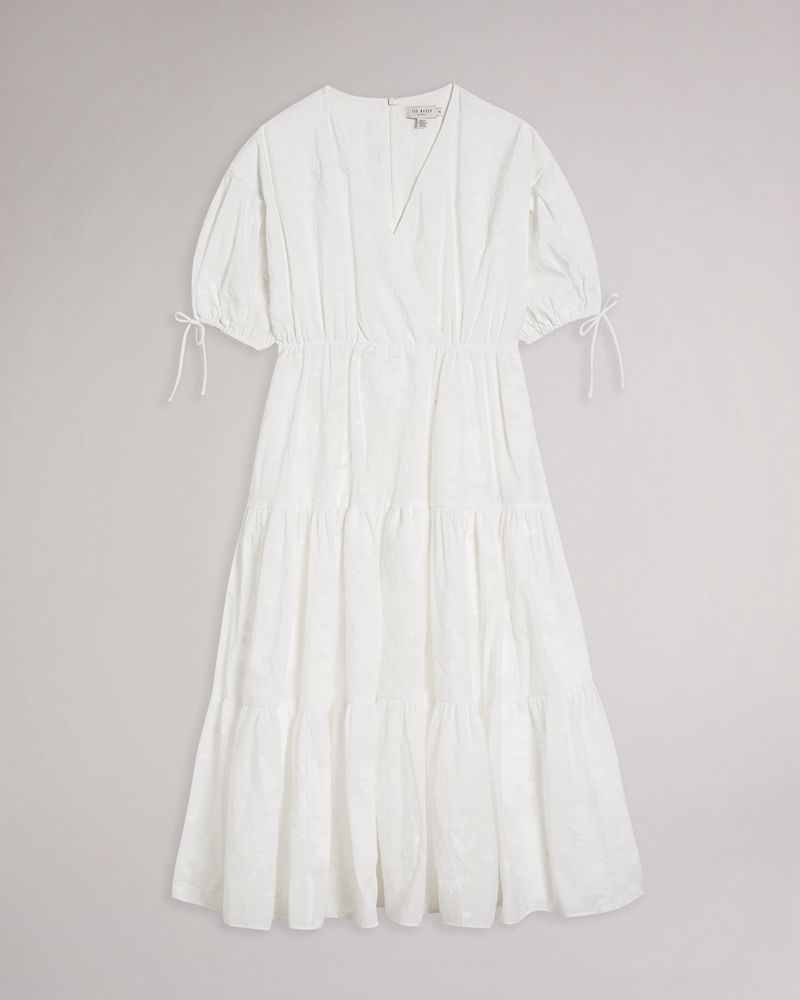 Ted Baker Darita Puff Sleeve Midi With Fixed Wrap Front Klänning Dam Vita | QYA-204198