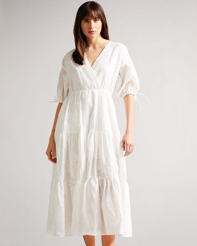 Ted Baker Darita Puff Sleeve Midi With Fixed Wrap Front Klänning Dam Vita | QYA-204198