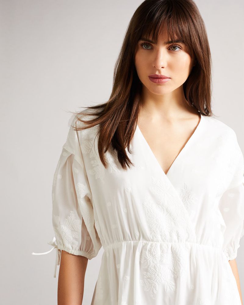 Ted Baker Darita Puff Sleeve Midi With Fixed Wrap Front Klänning Dam Vita | QYA-204198