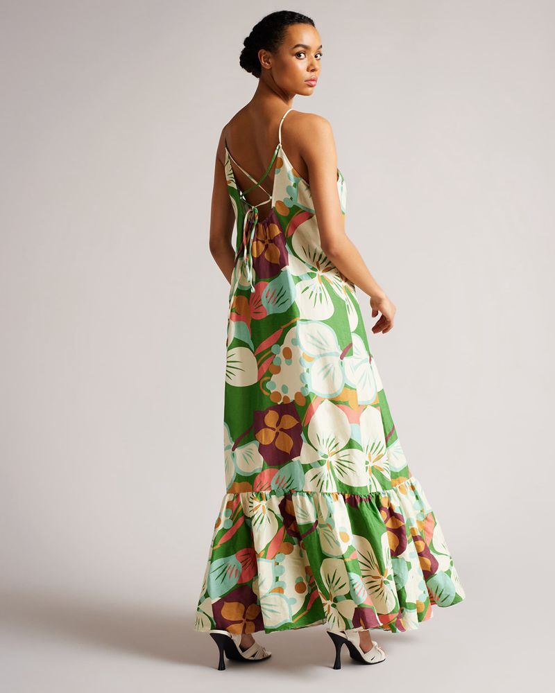Ted Baker Dulina Snörade Linen Maxi With Pleat Detail Klänning Dam Gröna | YML-517906