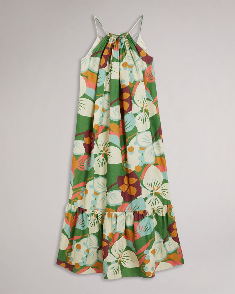 Ted Baker Dulina Snörade Linen Maxi With Pleat Detail Klänning Dam Gröna | YML-517906