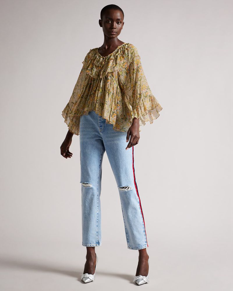 Ted Baker Eadiee Gathered Printed Blouse Blast Dam Orange | OHX-610523