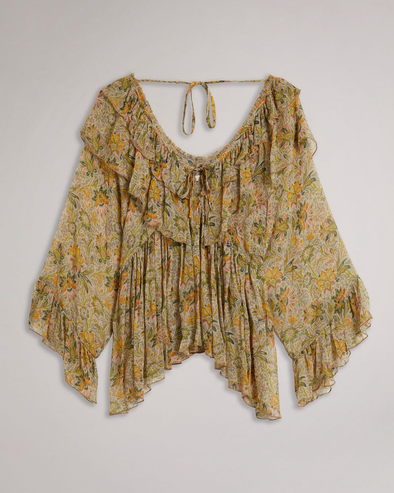 Ted Baker Eadiee Gathered Printed Blouse Blast Dam Orange | OHX-610523
