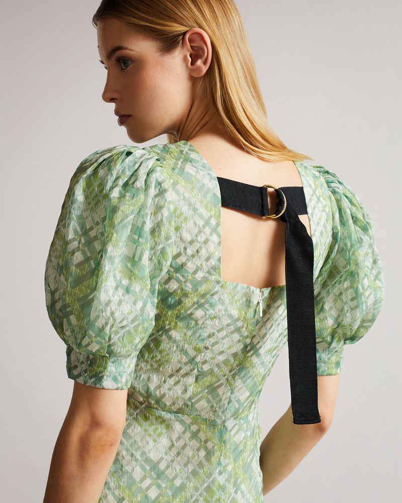 Ted Baker Guitaz Seersucker Check Midi Klänning Dam Gröna | NCP-139672