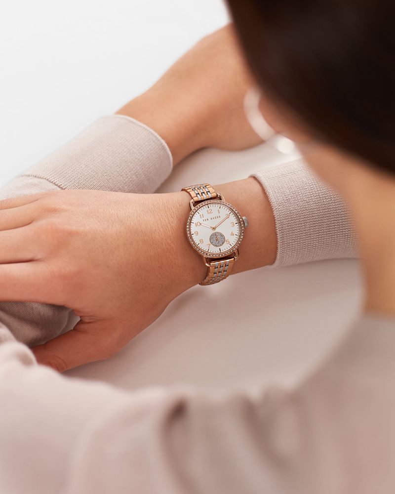 Ted Baker Hanalli Crystal-Encrusted Dial Two-Tone Rem Klocka Dam Rosegold | XOA-340917