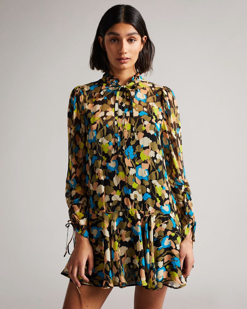 Ted Baker Hariiee Floral Dropped-Midja Mini Klänning Dam Svarta | XMH-945610