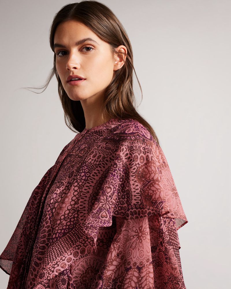 Ted Baker Isauna Printed Ruffle Blouse Blast Dam Röda | URX-310627