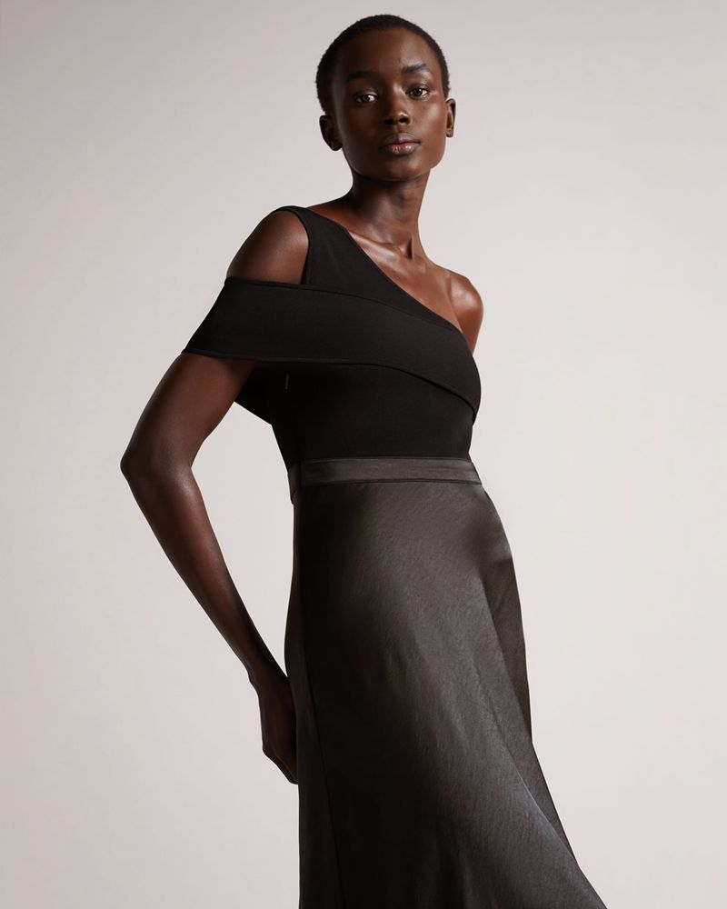 Ted Baker Ivena Asymmetric Knit Bodice With Satin Klänning Dam Svarta | CLI-359476