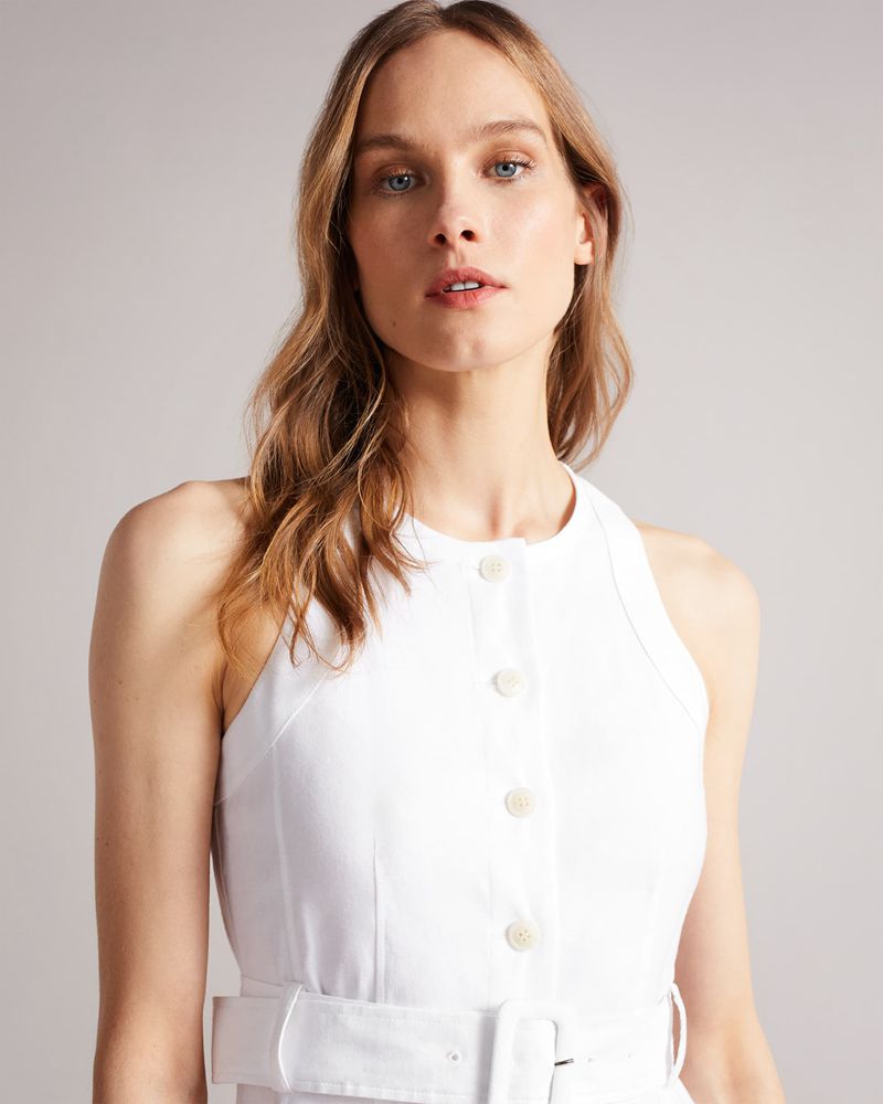 Ted Baker Jancita Button Through Racer Back Midi Klänning Dam Vita | BOJ-687529