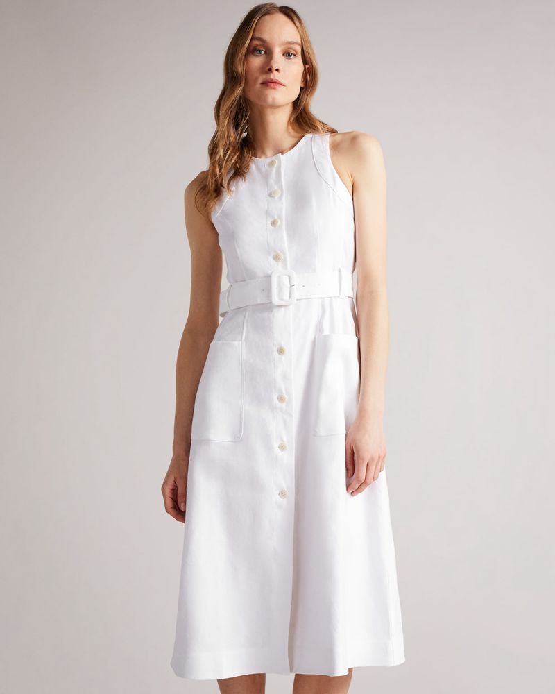Ted Baker Jancita Button Through Racer Back Midi Klänning Dam Vita | BOJ-687529