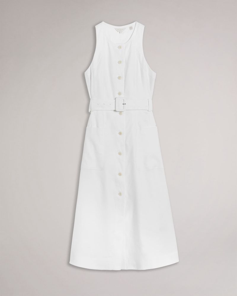 Ted Baker Jancita Button Through Racer Back Midi Klänning Dam Vita | BOJ-687529
