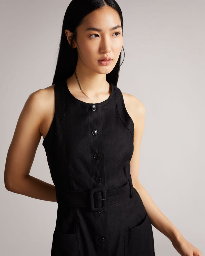 Ted Baker Jancita Button Through Racer Back Midi Klänning Dam Svarta | VYB-517360