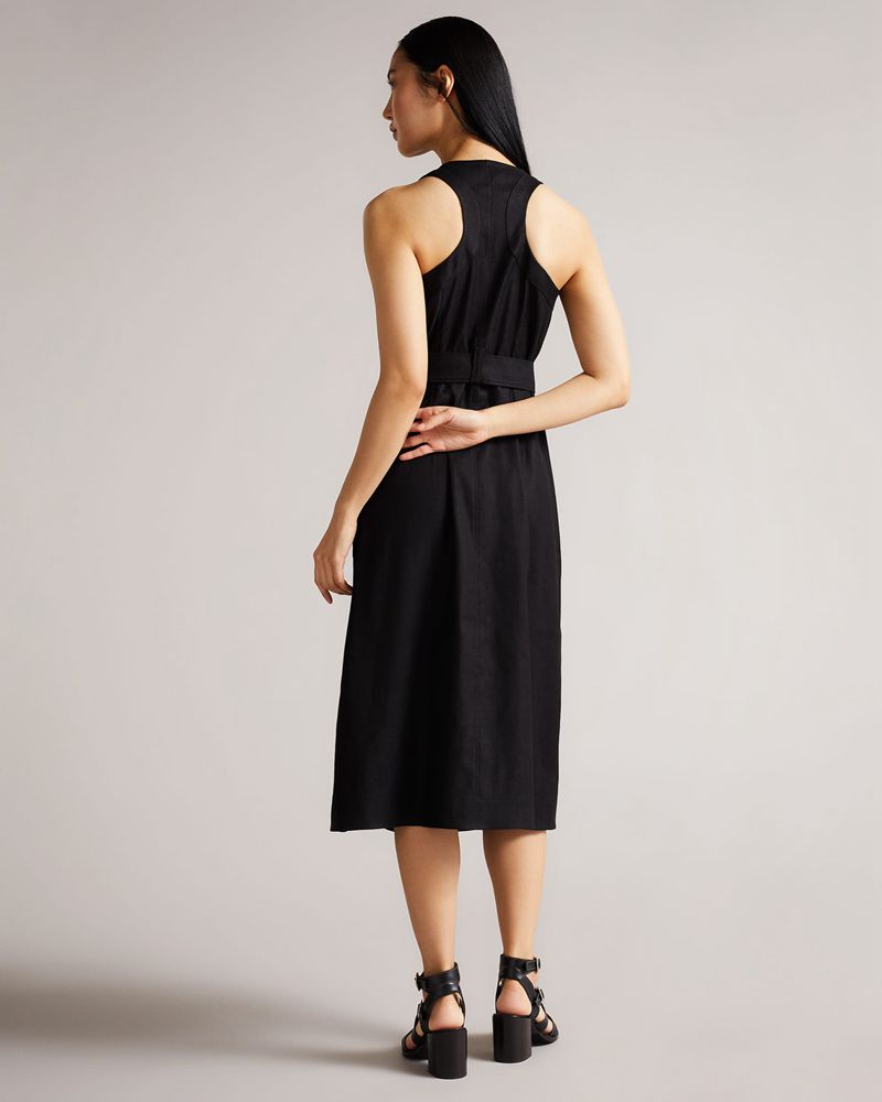 Ted Baker Jancita Button Through Racer Back Midi Klänning Dam Svarta | VYB-517360