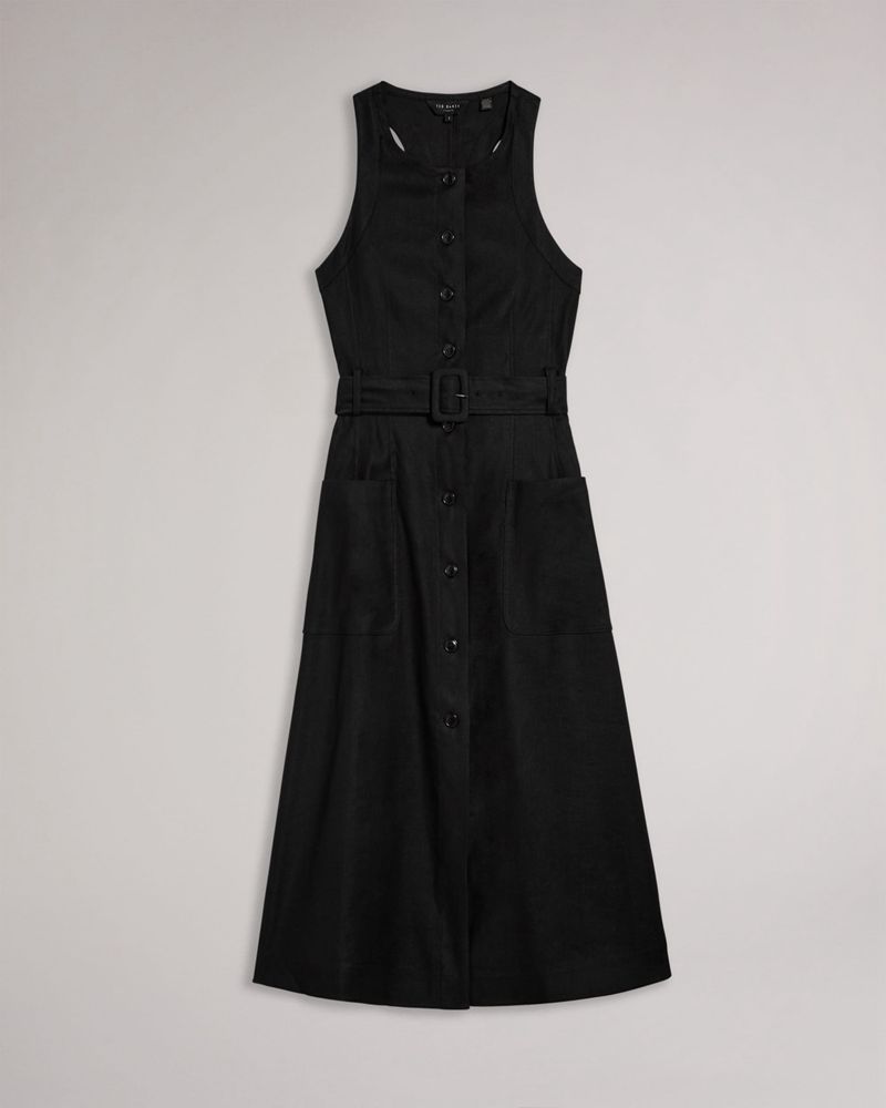 Ted Baker Jancita Button Through Racer Back Midi Klänning Dam Svarta | VYB-517360