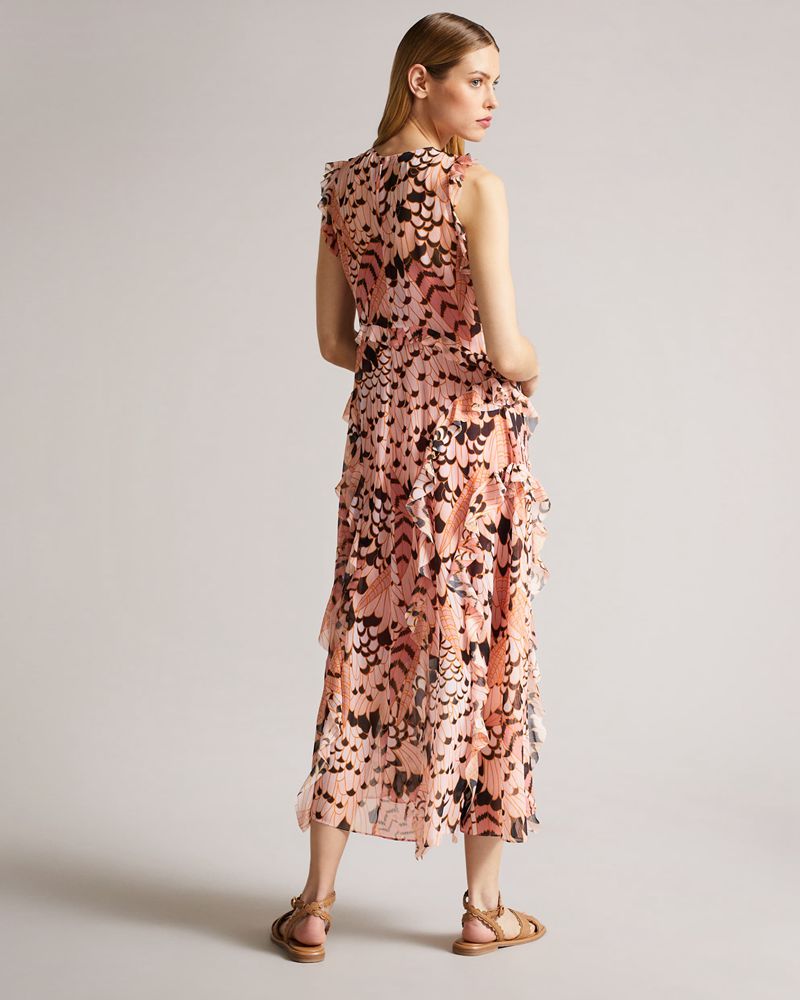 Ted Baker Kayleih Printed Ärmlös Waterfall Midi Klänning Dam Orange | UTB-425396