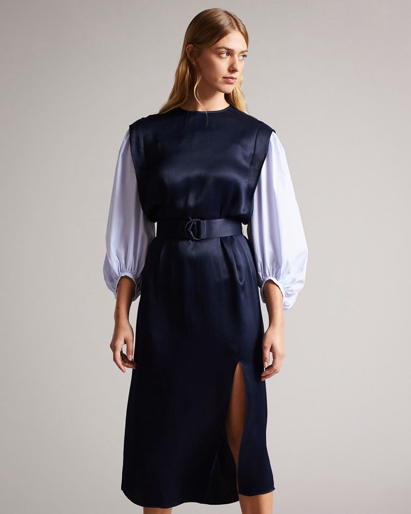 Ted Baker Kayteied Midi With Puff Sleeve Klänning Dam Marinblå | CPA-802374