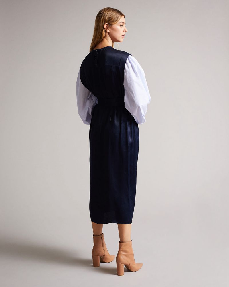 Ted Baker Kayteied Midi With Puff Sleeve Klänning Dam Marinblå | CPA-802374