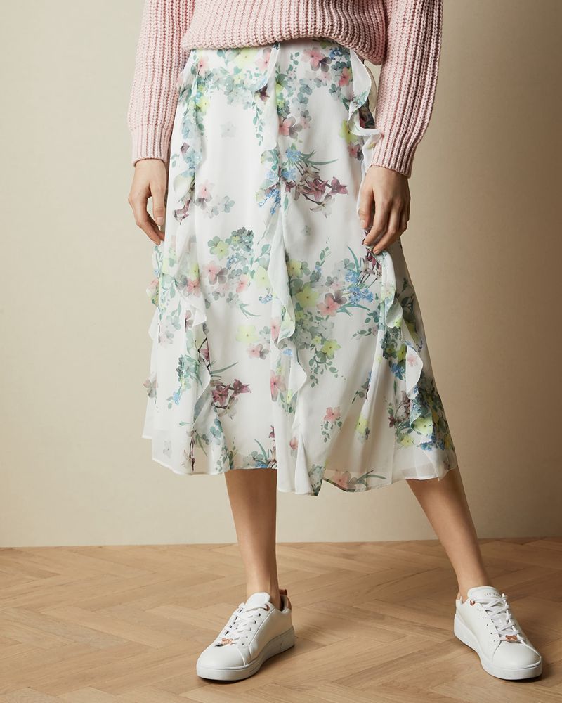 Ted Baker Lurissa Pergola Printed Ruffle Midi Kjolar Dam Vita | BXT-318405