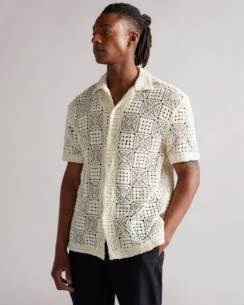 Ted Baker Mackk Ss Crochet Skjorta Herr Natural | NCU-284601