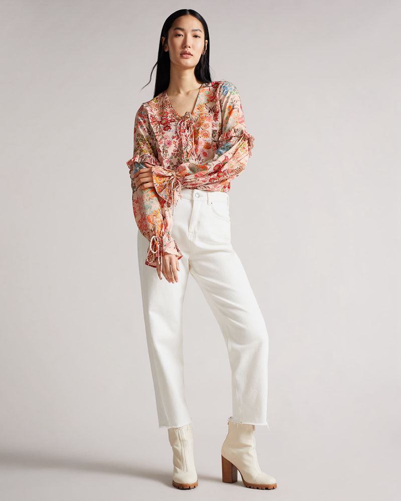 Ted Baker Marrlaa Ruffle Blouse With Spets Up Detailing Blast Dam Orange | YHW-193706