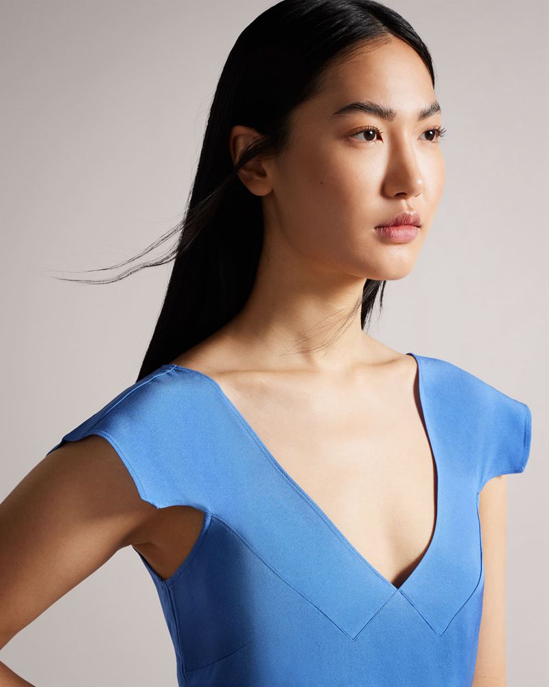 Ted Baker Noemi V Neck Bias Cut Midi Klänning Dam Blå | WGY-629578