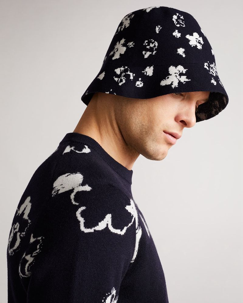 Ted Baker Ourne All-Over Flower Knitted Bucket Hatt Herr Marinblå | MYX-879340