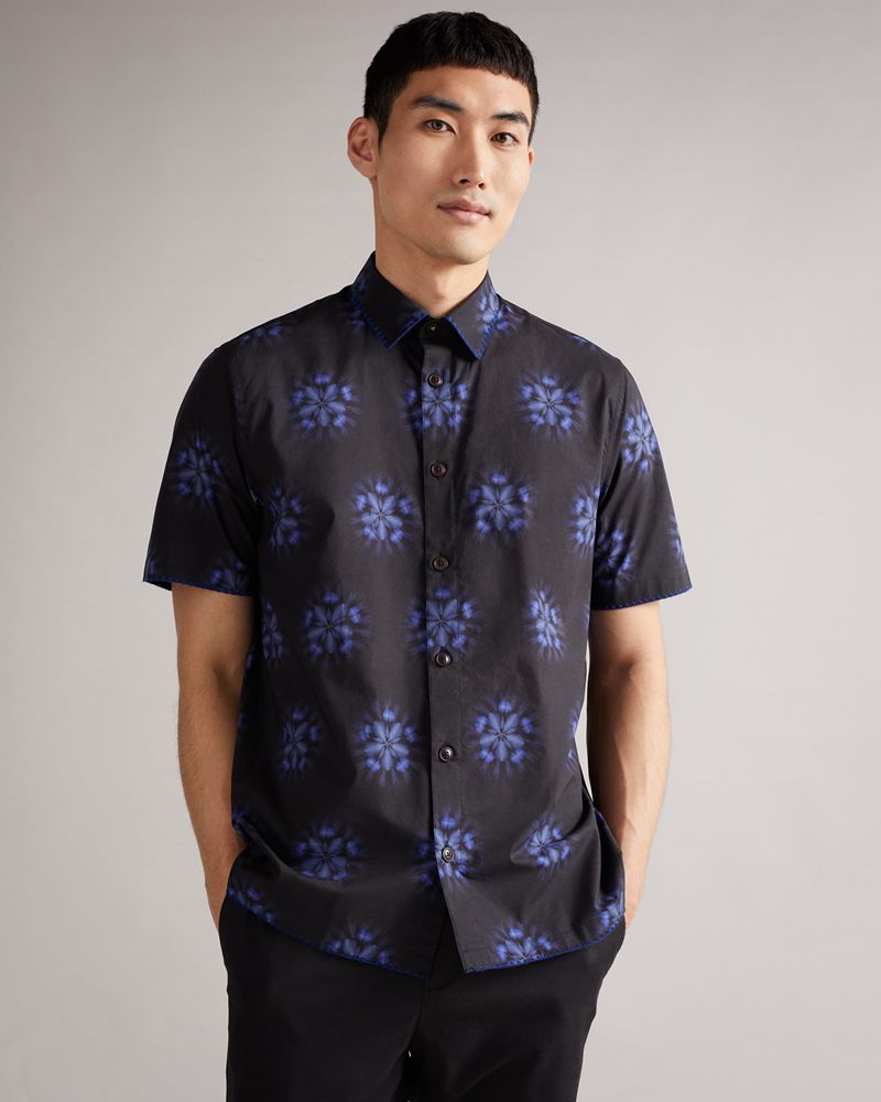 Ted Baker Paden Sleeve Floral Printed Skjorta Herr Svarta | QOJ-318729