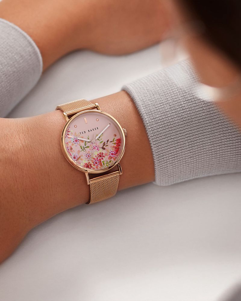 Ted Baker Philyl Floral Dial Mesh Rem Klocka Dam Rosegold | PWU-530416