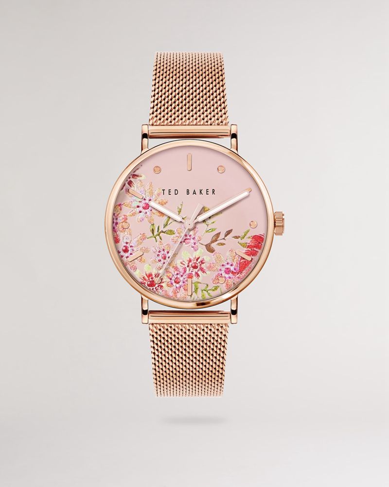 Ted Baker Philyl Floral Dial Mesh Rem Klocka Dam Rosegold | PWU-530416