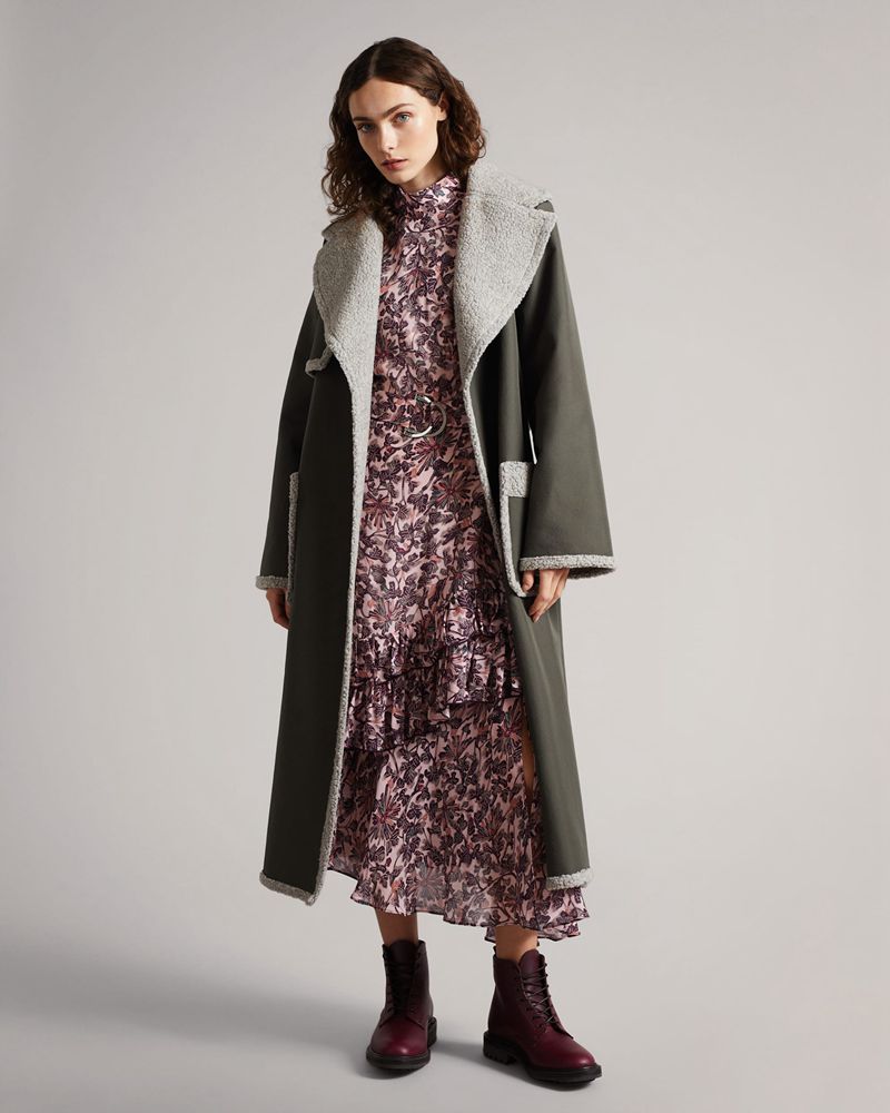 Ted Baker Pparis Faux Shearling Wool-Blend Wrap Rockar Dam Gröna | MDE-015469