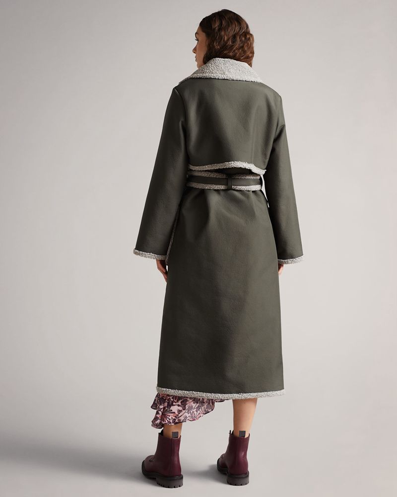 Ted Baker Pparis Faux Shearling Wool-Blend Wrap Rockar Dam Gröna | MDE-015469