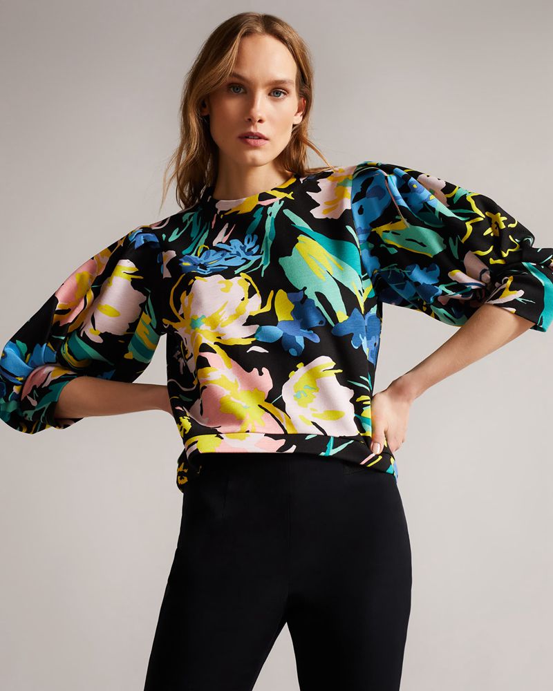 Ted Baker Ragnila Large Sleeve Floral Blast Dam Svarta | KEX-930278