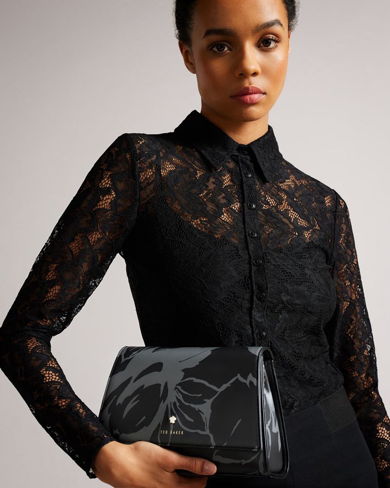 Ted Baker Rozzita Bolt On Floral Non Läder Cross Body Crossbody Väska Dam Svarta | KIE-513792