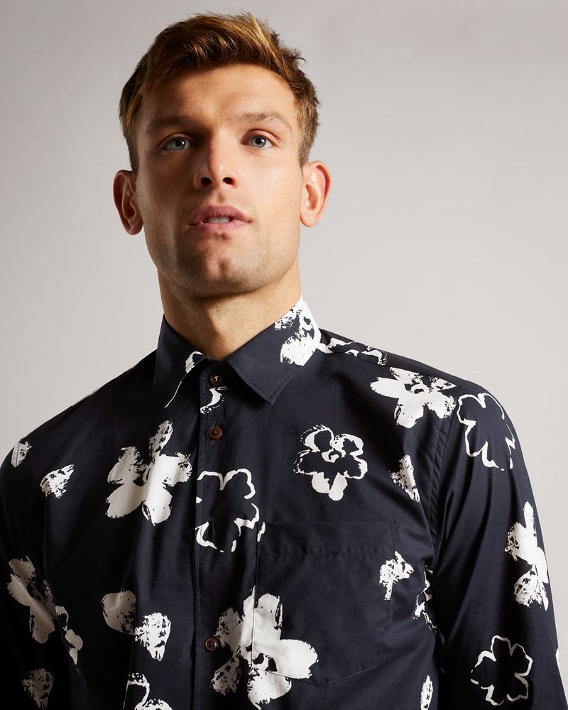 Ted Baker Sevlo Ls Floral Print Skjorta Herr Marinblå | REU-354287