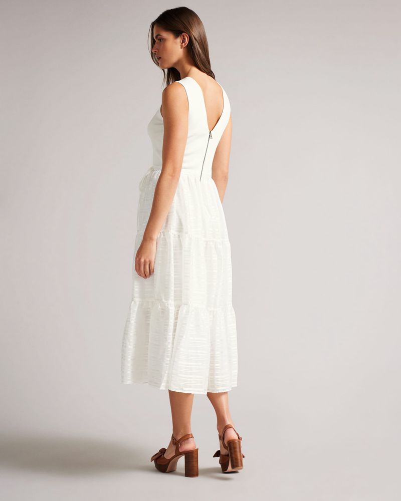 Ted Baker Skylir Knit Bodice Midi Withred Klänning Dam Vita | BRW-234190